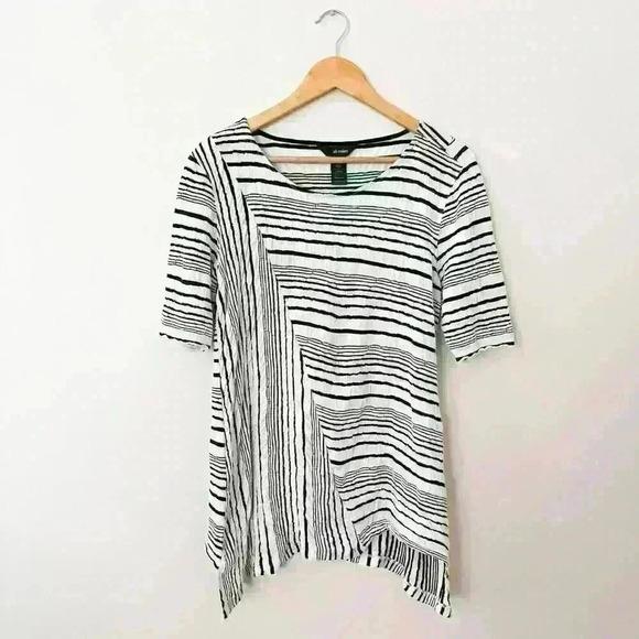 Ali Miles Top L Black Cream Stripes Shark Bite Hem Lagenlook Artsy Boho Modest - Picture 1 of 6